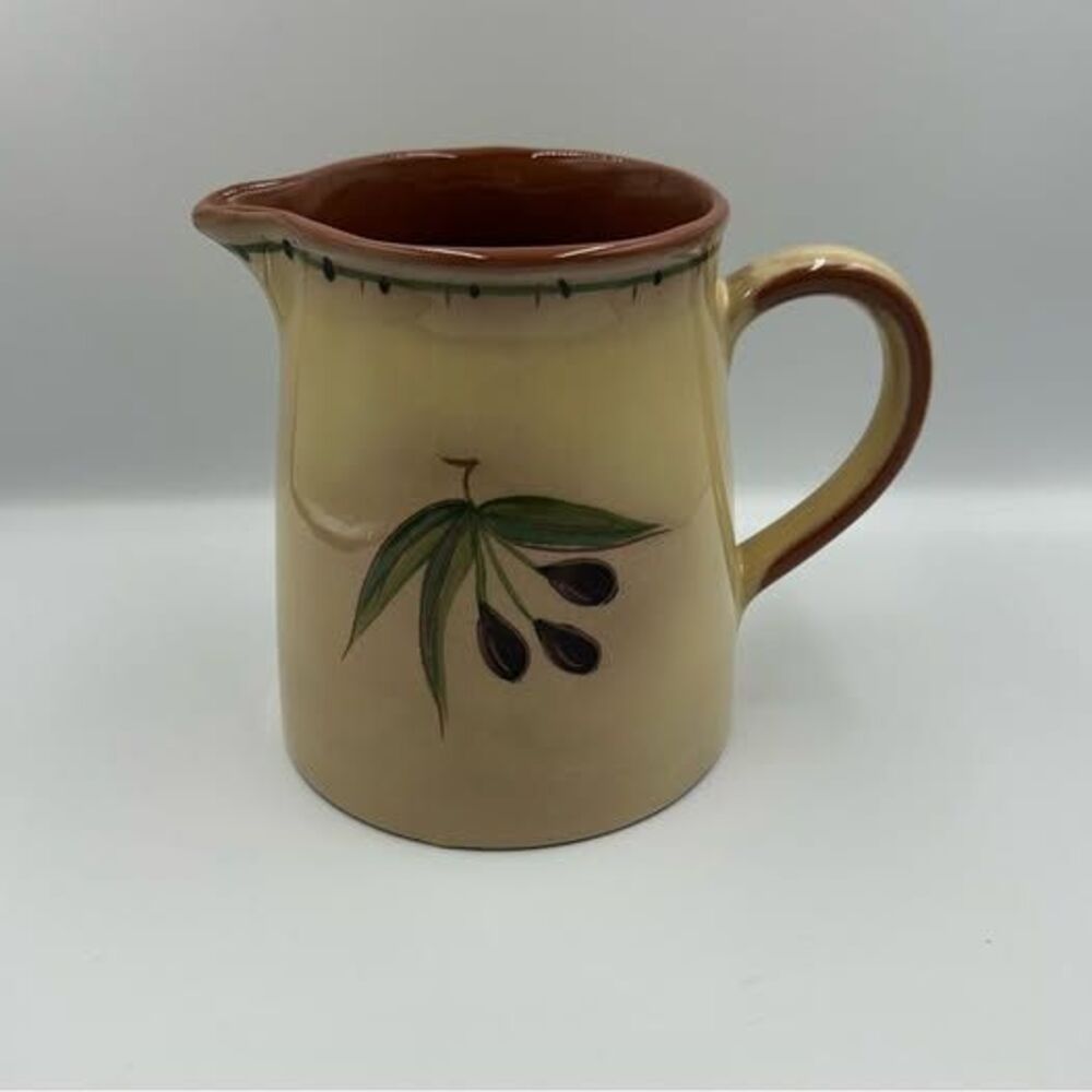 Like New World Market Ceramic Pitcher Hand-Painted Olive Design Made in Portugal